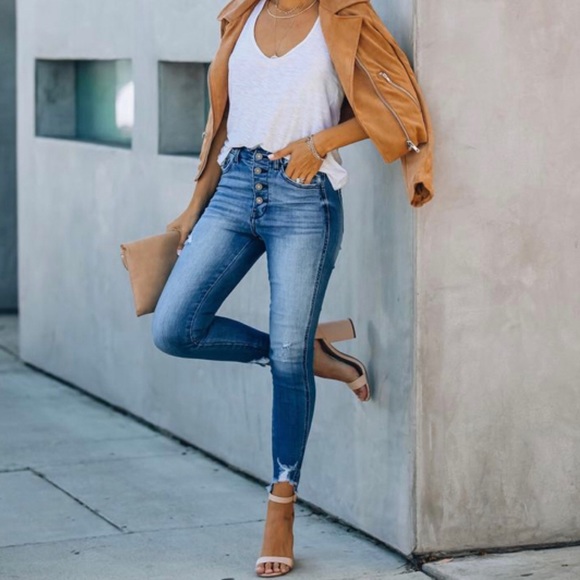 KanCan High Waisted Frayed Ankle Skinny Medium Washed Jeans Women’s Sizes NWT - Picture 6 of 13